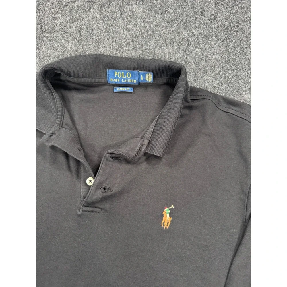 Polo Ralph Lauren Classic Fit Polo Shirt Black Long Sleeve Pony Mens L 22.5x27